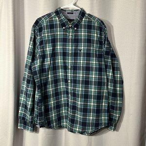American Eagle Athletic Fit Green & Blue Plaid Button Down Long Sleeve Shirt XL